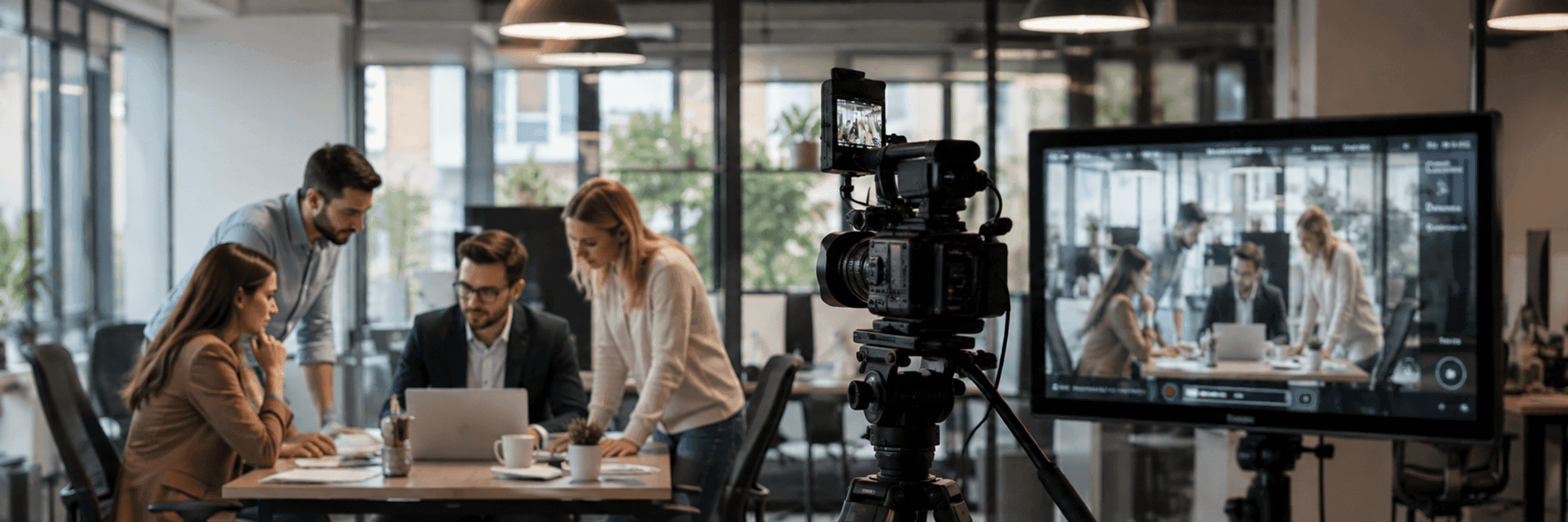A tripod-mounted camera filming real employees at their desks during everyday work.