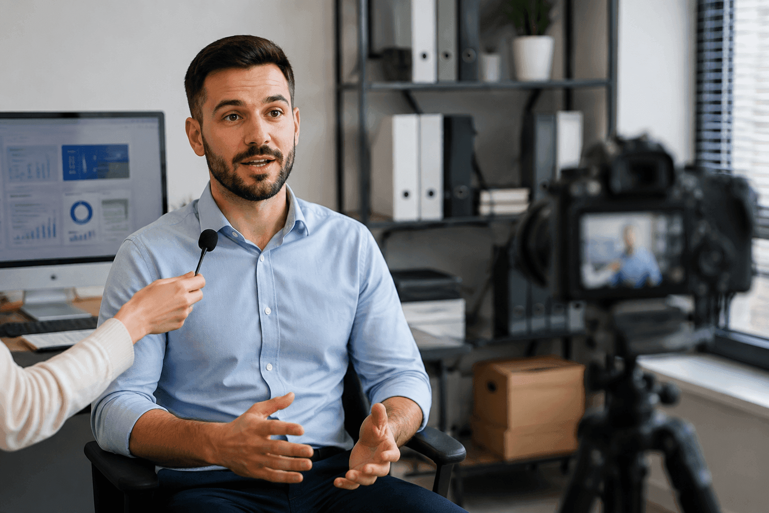 A real employee is filmed in an interview in the corner of the office, with no script in hand.