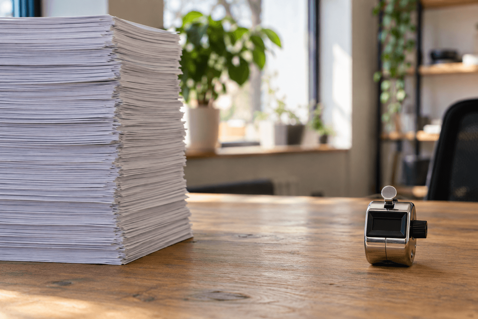 A growing stack of pages versus a counter reset to zero on the other side