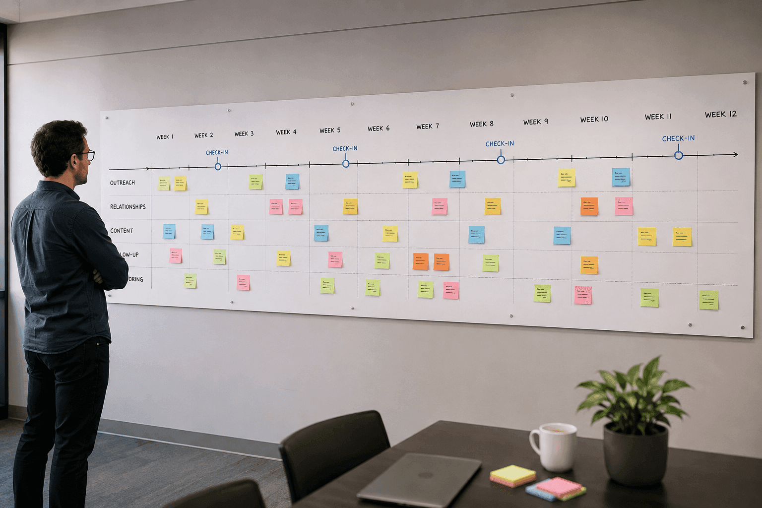 Un tableau mural avec une longue chronologie d'actions RP réparties sur de nombreuses semaines.