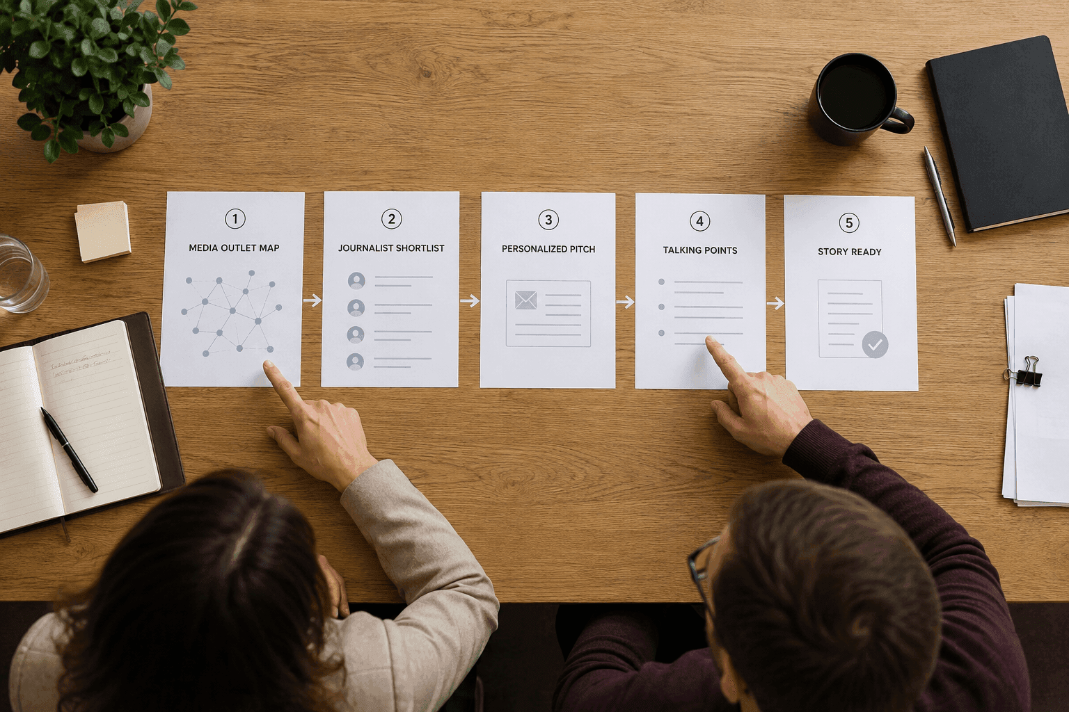 Des cartes sur la table montrent les étapes du processus RP — de la cartographie des médias au sujet prêt.
