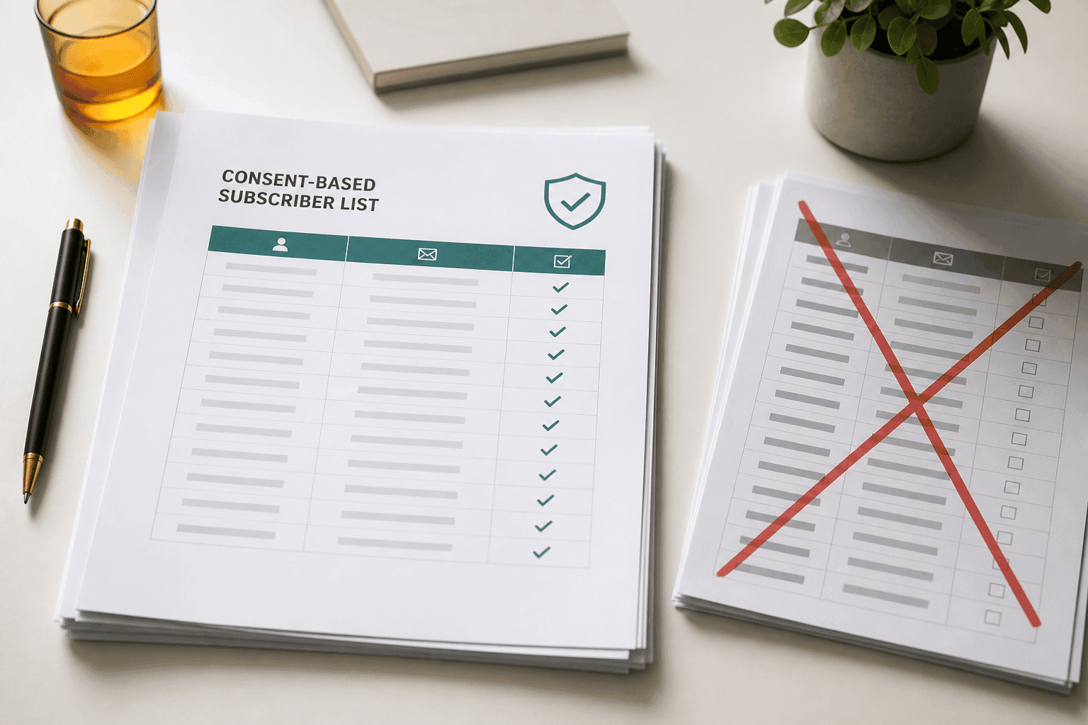 A consent-based subscriber list with checked rows beside a crossed-out contact list
