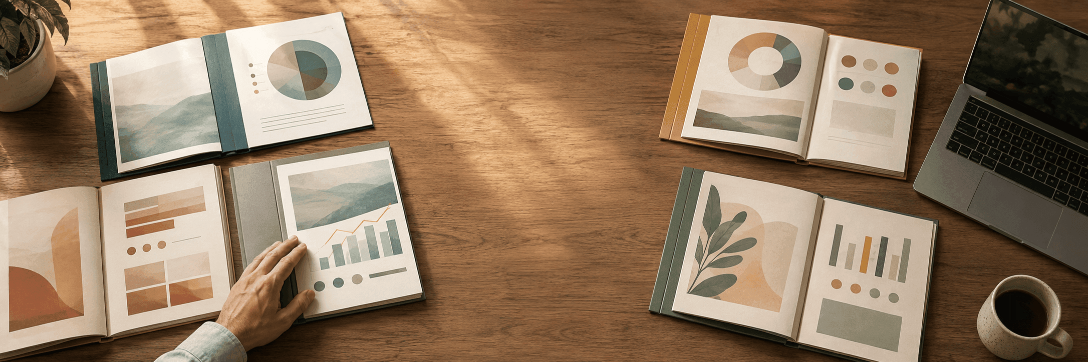 Several open marketing proposal folders spread across a desk beside a laptop